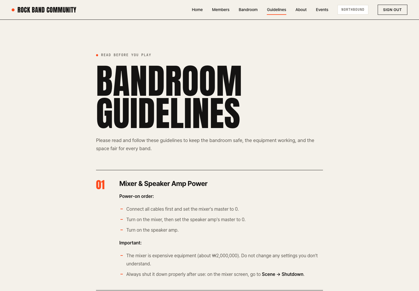 Bandroom guidelines page with numbered equipment instructions