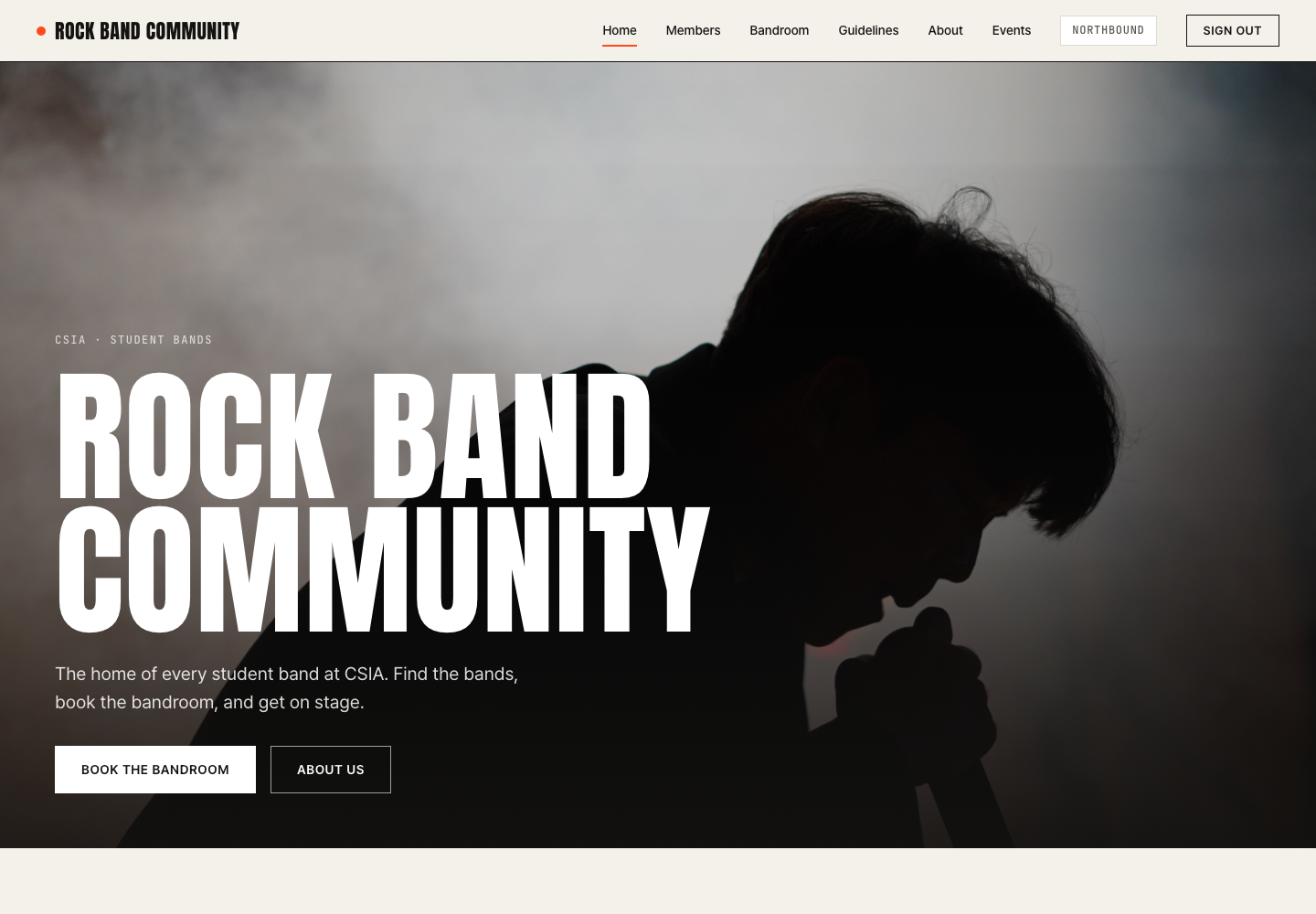Home page with the Rock Band Community title over a concert photo