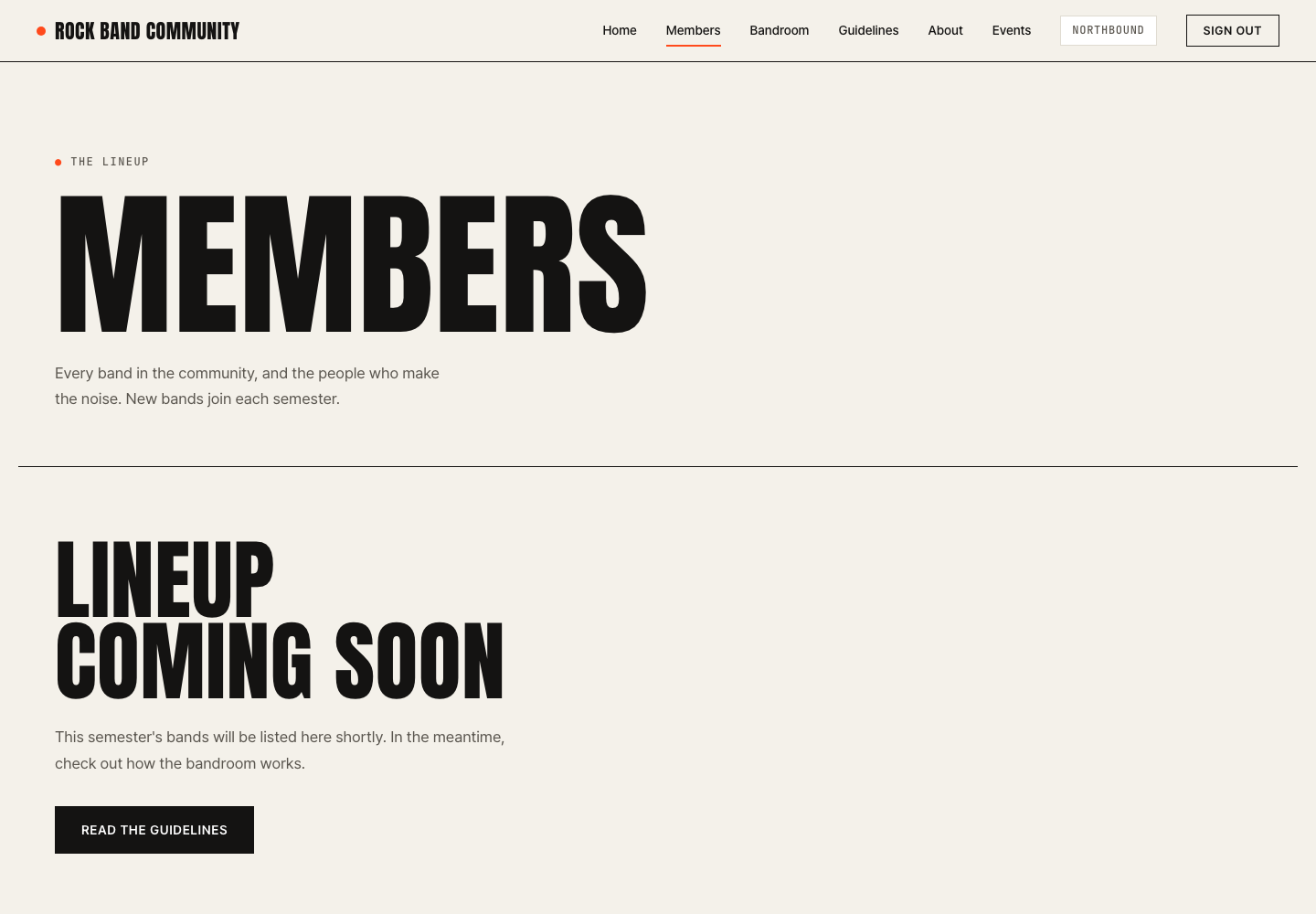 Members page listing bands grouped by semester