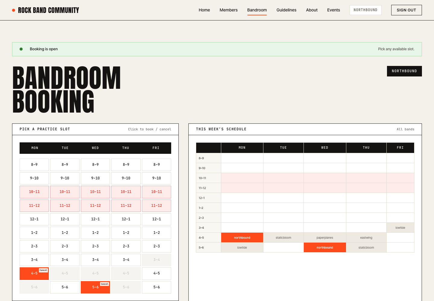 Bandroom reservation page with a weekly grid of practice slots on the left and every band's schedule on the right